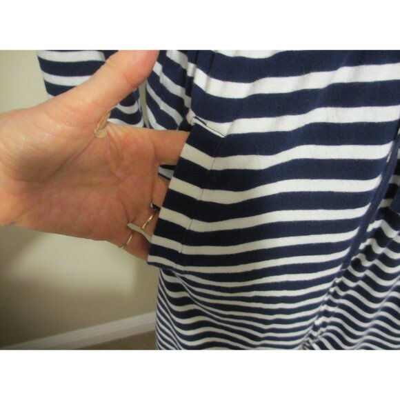 Lands End Navy & White Striped Hooded Drawstring Waist Robe With 3/4 Sleeves - Picture 8 of 10